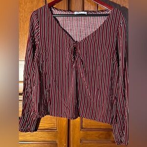 Hollister Long Sleeve Tie Front Striped Peasant Crop Top Easy Fit Y2K boho